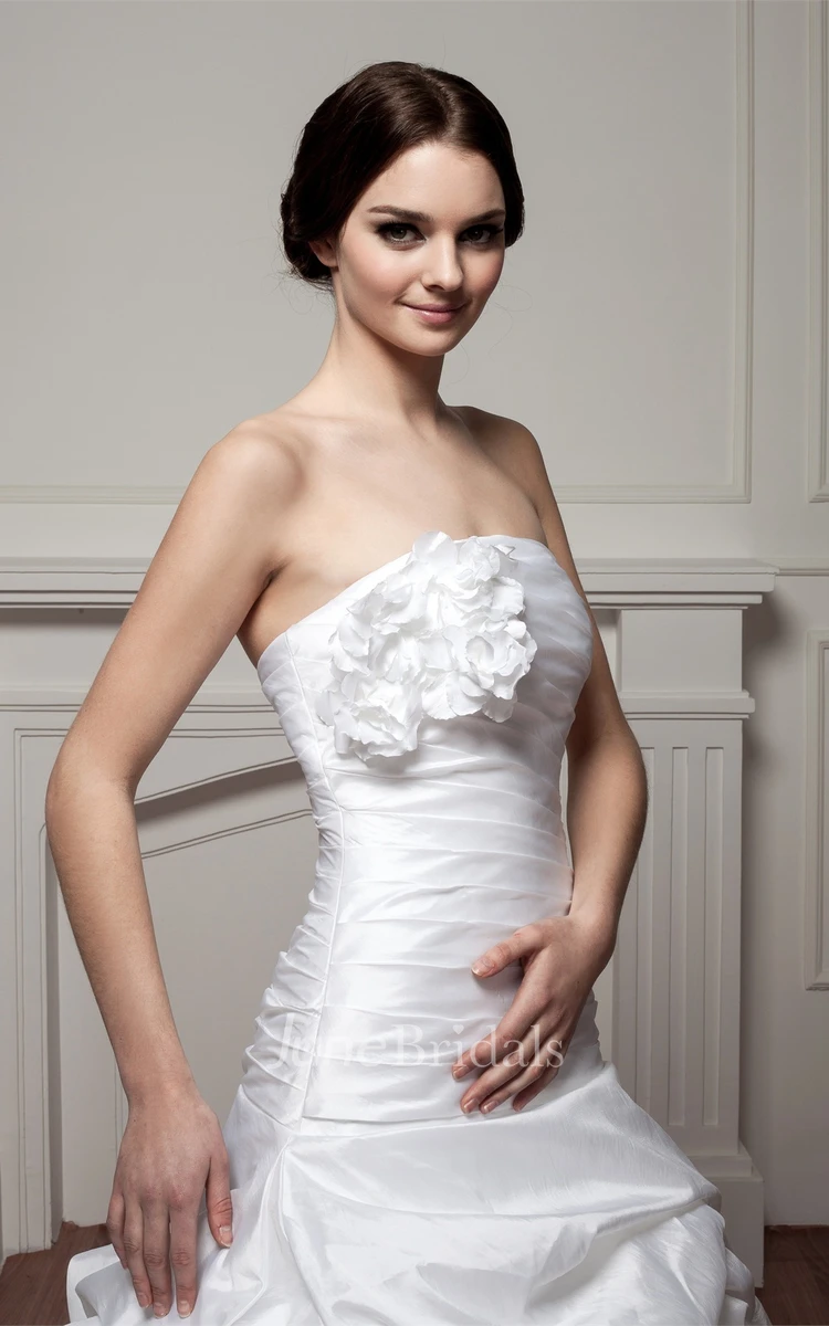 Strapless Ruched Pick-Up Gown with Flower and Ruched Bodice