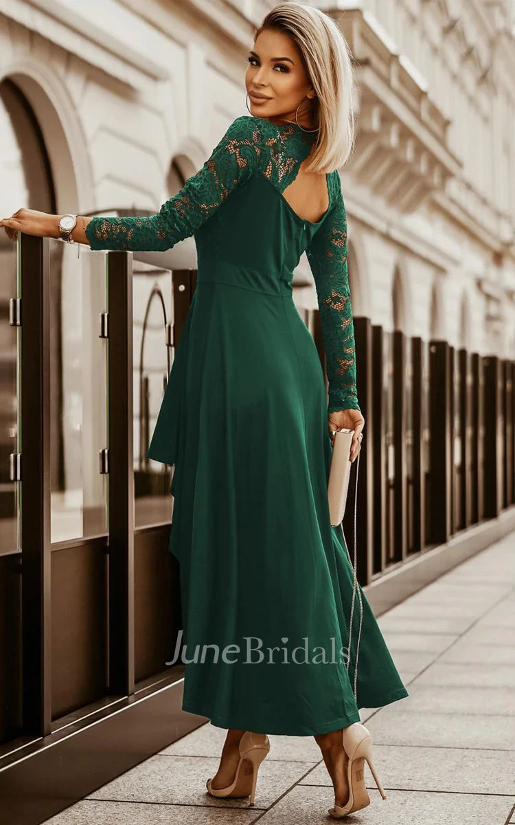 Elegant A-Line Jersey Cocktail Dress With Long Sleeves And Keyhole back