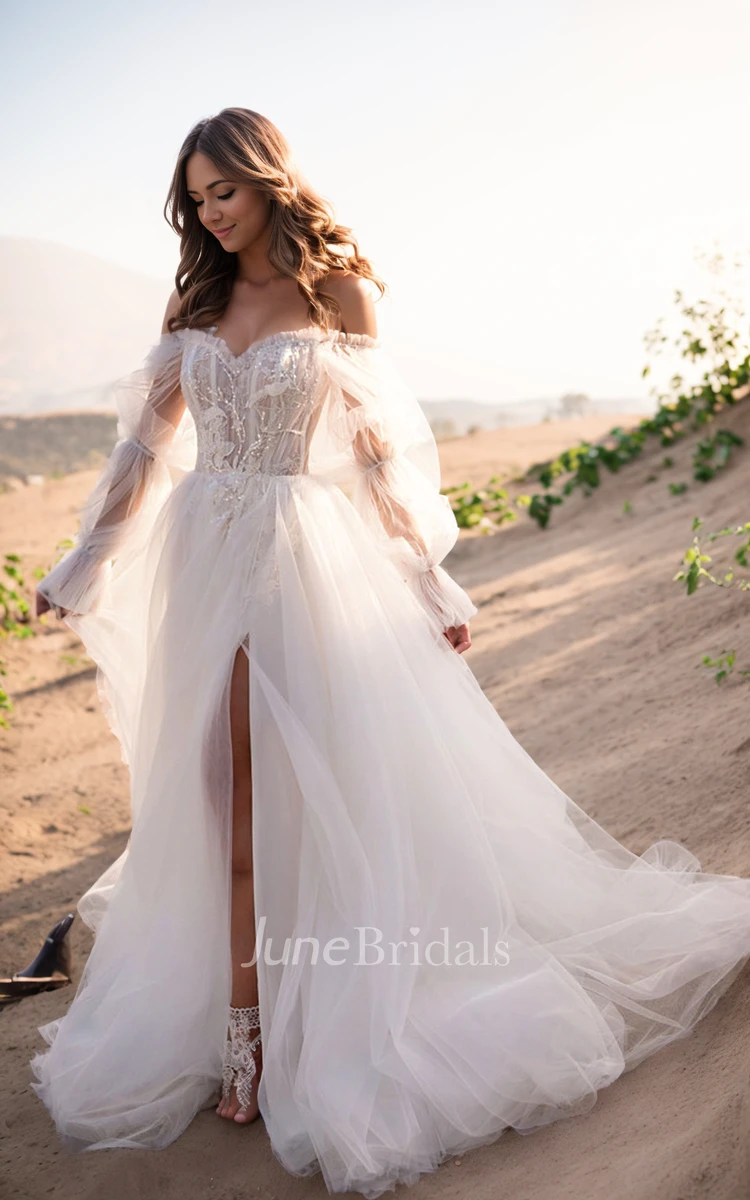 Princess Sexy A-Line Boho Detachable Long Sleeve Spring Wedding Dress Sparkly Whimsical Sweetheart Neckline Split Front Bridal Gown