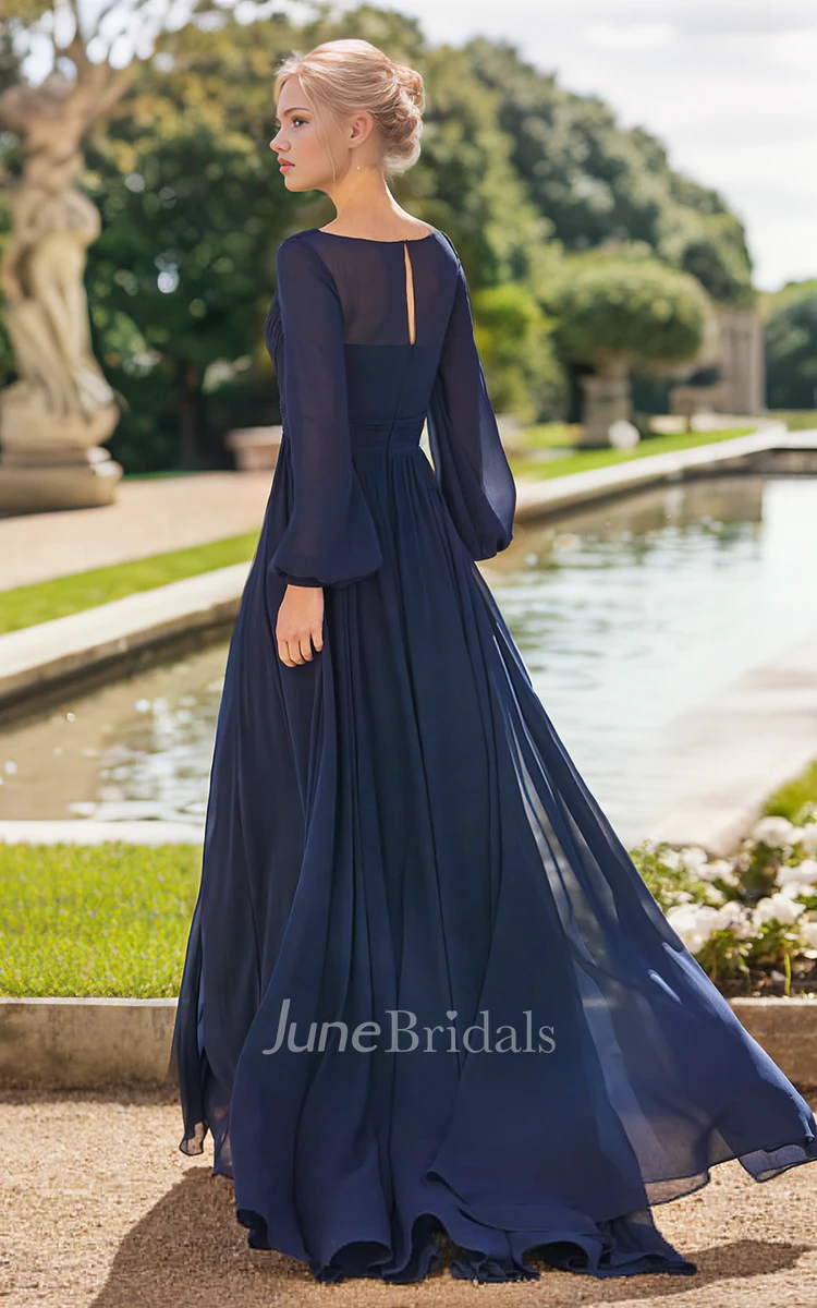 A-Line V-neck Vintage Elegant Chiffon Tall Woman Floor-length Long Sleeve Pleats Prom Evening Dress with Zipper Back