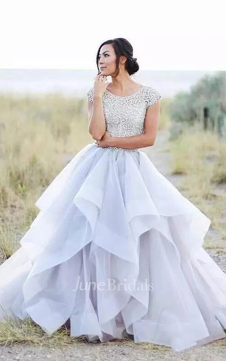 Adorable Country Style Organza Ruffled Cap-sleeve Ball Gown Wedding Dress