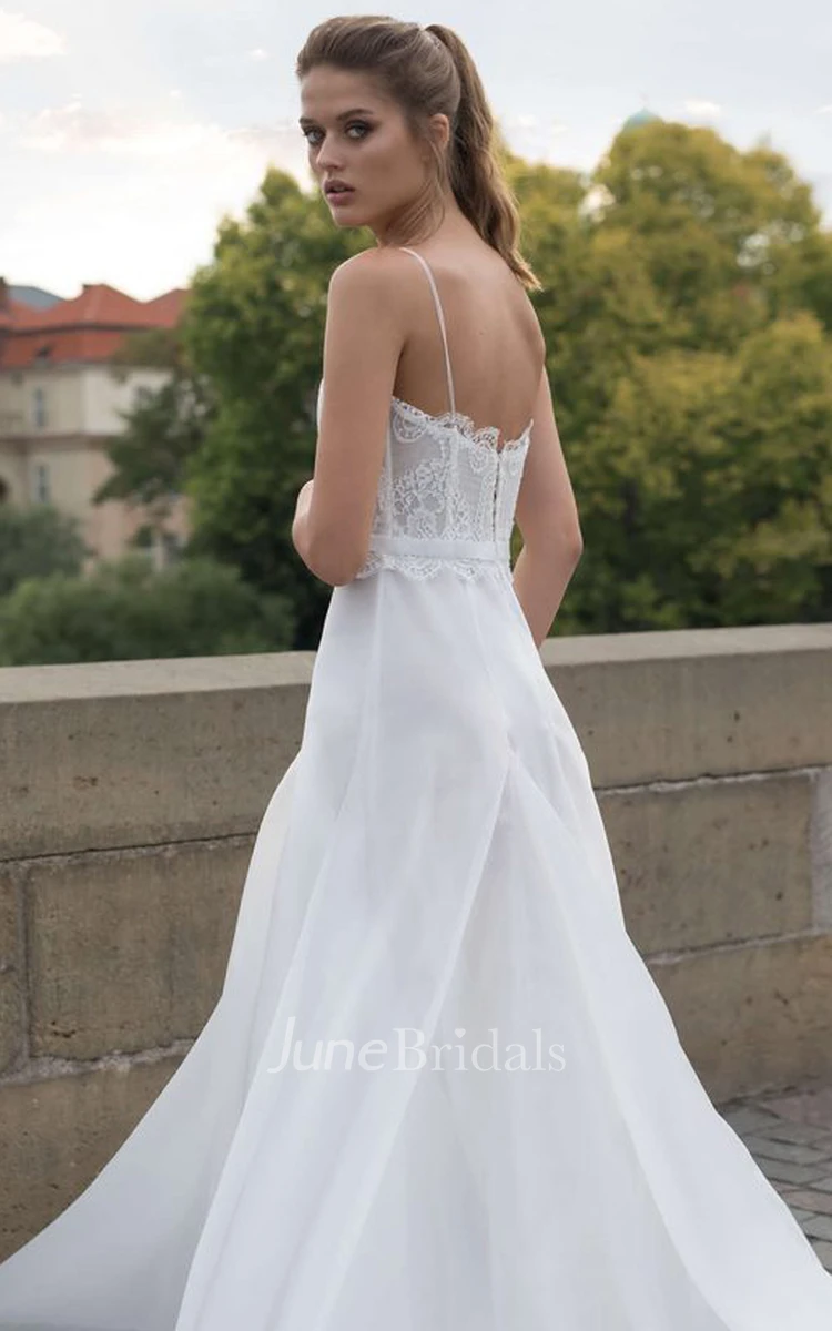 Modern A Line Floor-length Sleeveless Lace Spaghetti Wedding Dress with Ruching