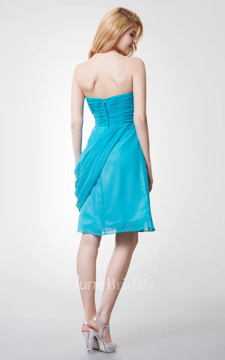 Sweetheart Ruched Draped Short Chiffon Dress With Flower Detailing