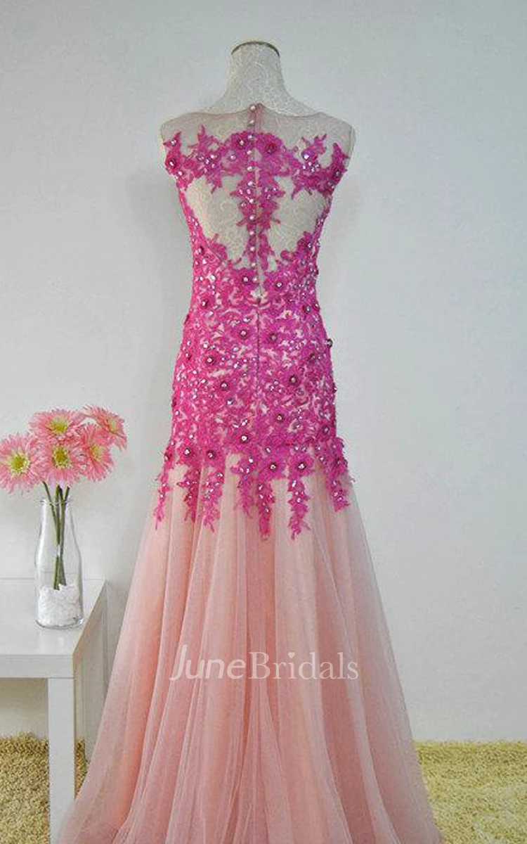 Sleeveless Mermaid Tull Dress With Appliques And Beading