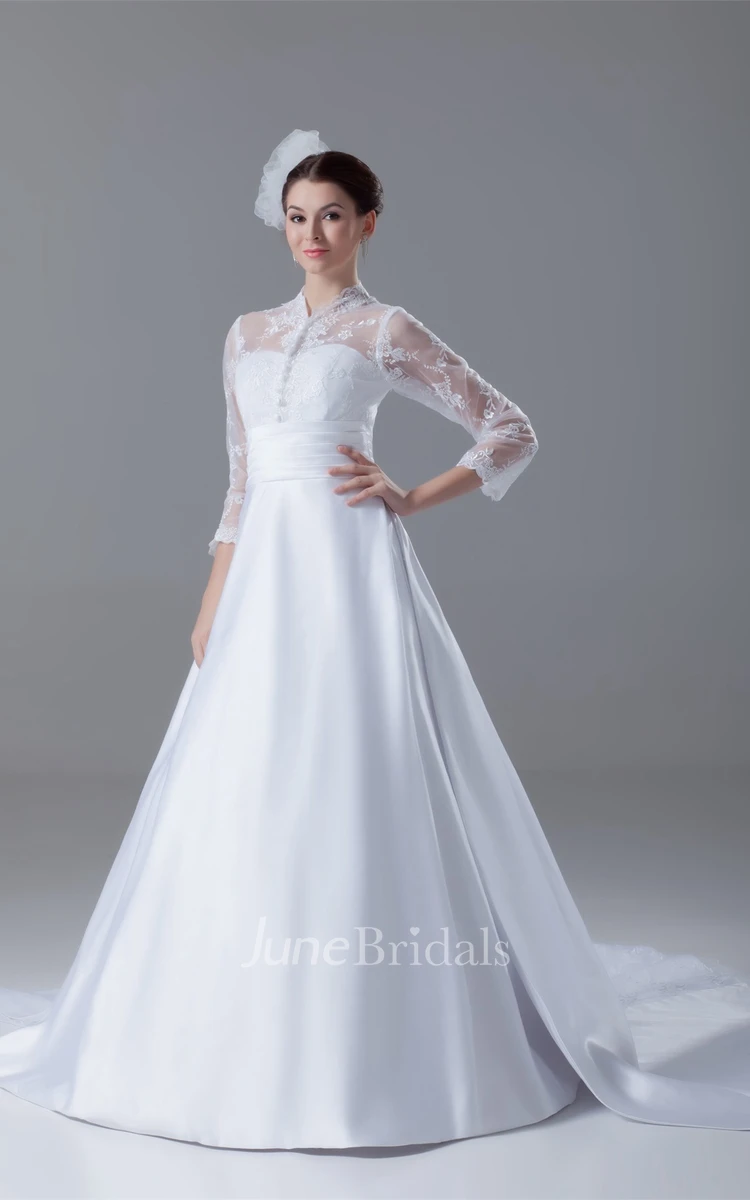 3-4-sleeve a-line lace gown with bow and illusion