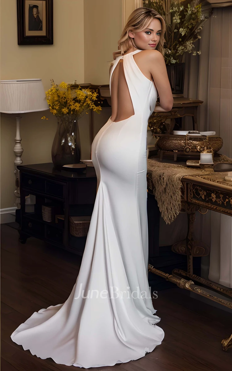 Mermaid Jewel Neck Simple Sexy Sleeveless Backless Floor-length Wedding Dress