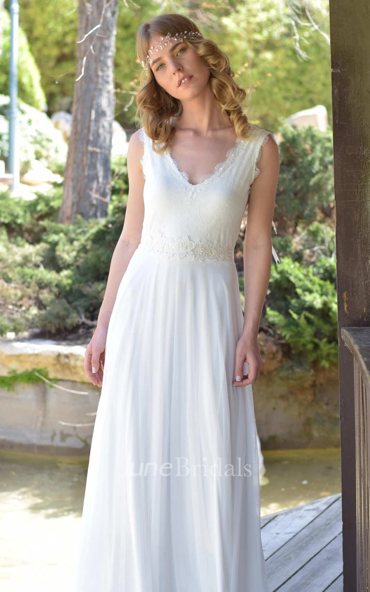 Plunged Sleeveless Chiffon Lace Wedding Dress With Bow And Deep-V Back