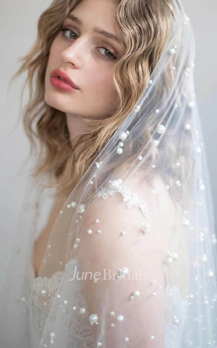 Romantic Fingertip Tulle Wedding Veil with Pearls