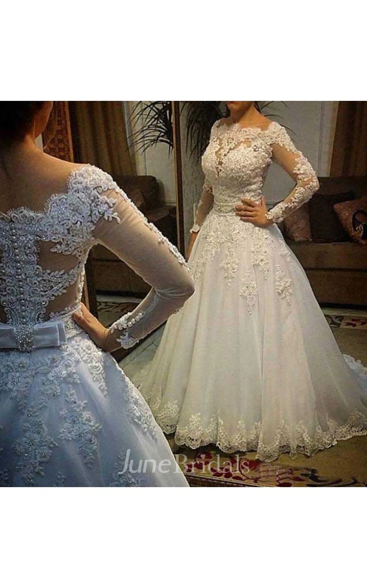 Modest Bateau Neck Long Sleeves Sexy Back Pearls Appliques Wedding Gown