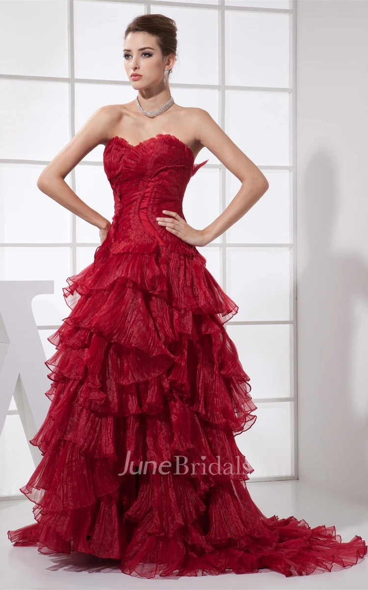 Flamboyant Sweetheart Ruched Dress with Tiers and Sweep Train