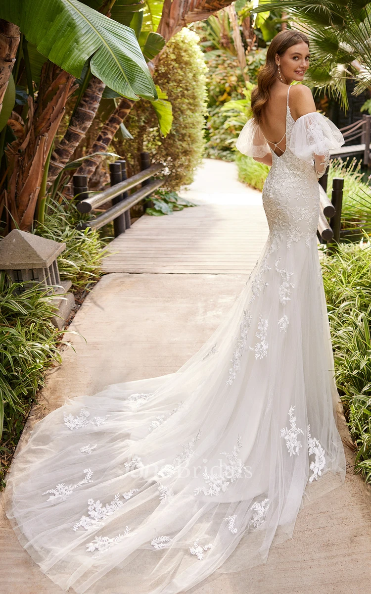 Spaghetti Straps Mermaid Tulle Sexy Wedding Dress Beach Casual Western Adorable Romantic With Deep-V Back And Appliques