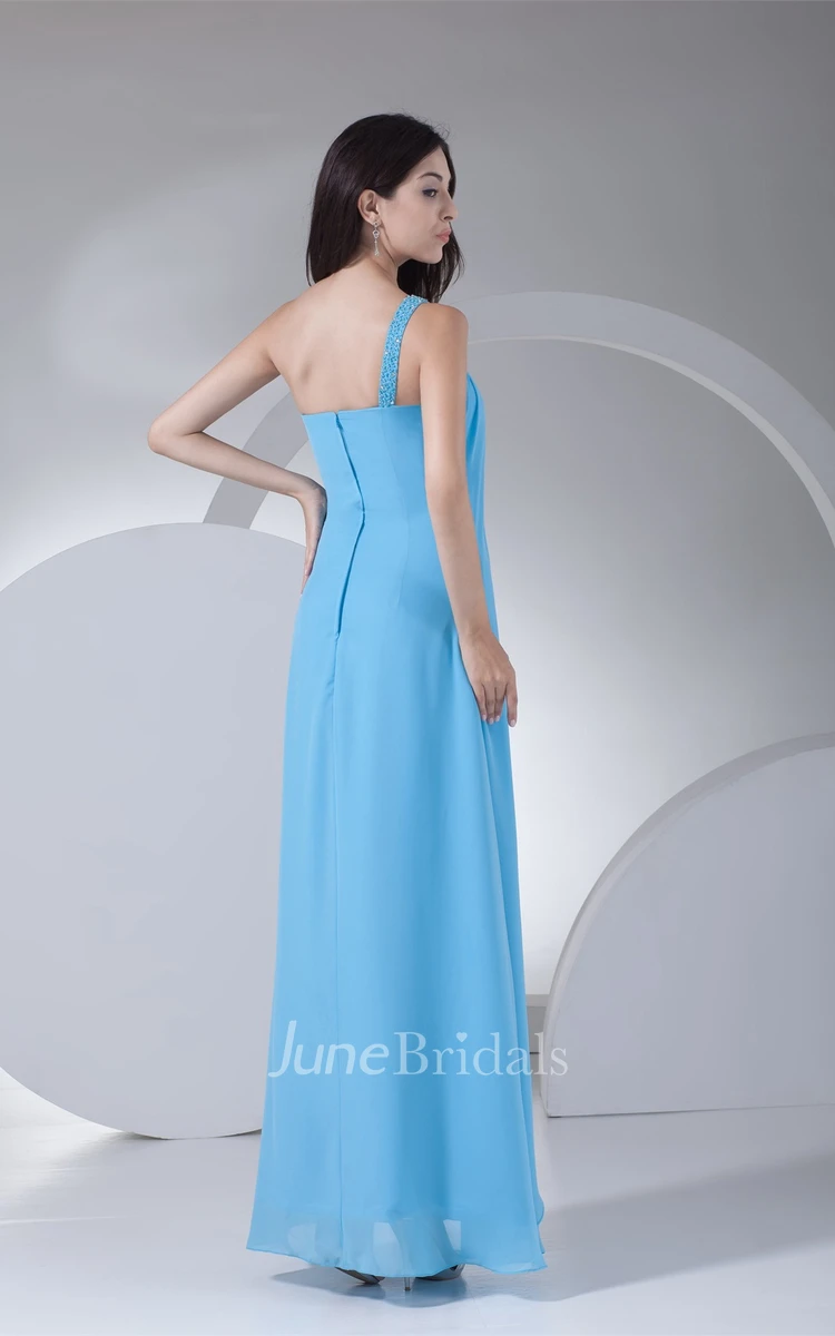 Asymmetrical Side Draping One-Shoulder Sheath Gown with Beadings and Zipper Back