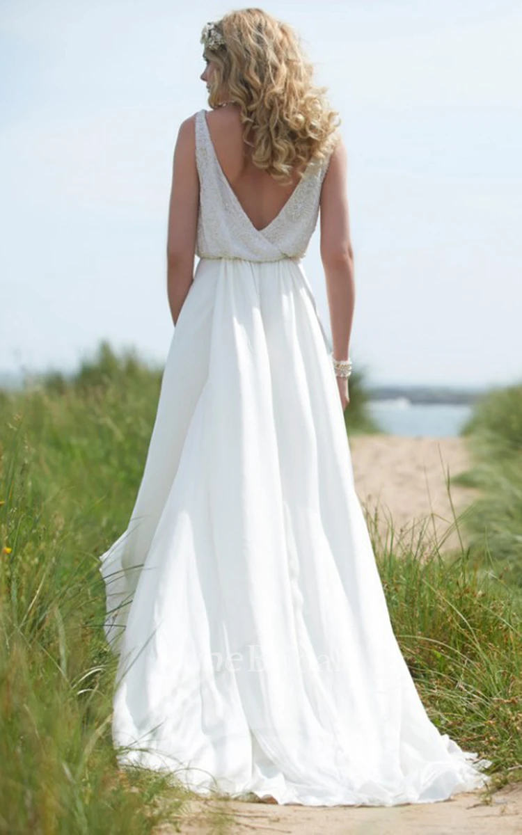 Straps Maxi Beaded Chiffon Wedding Dress With Sweep Train And V Back