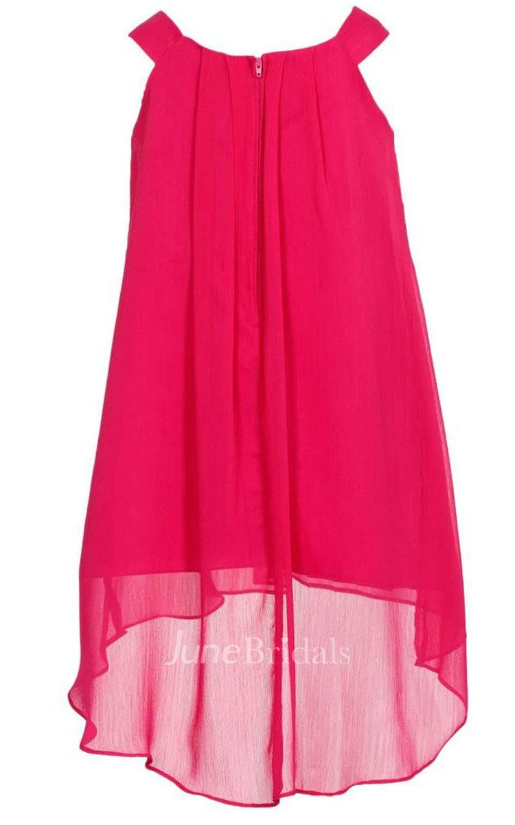 Sleeveless A-line High-low Pleated Dress With Flower and Straps