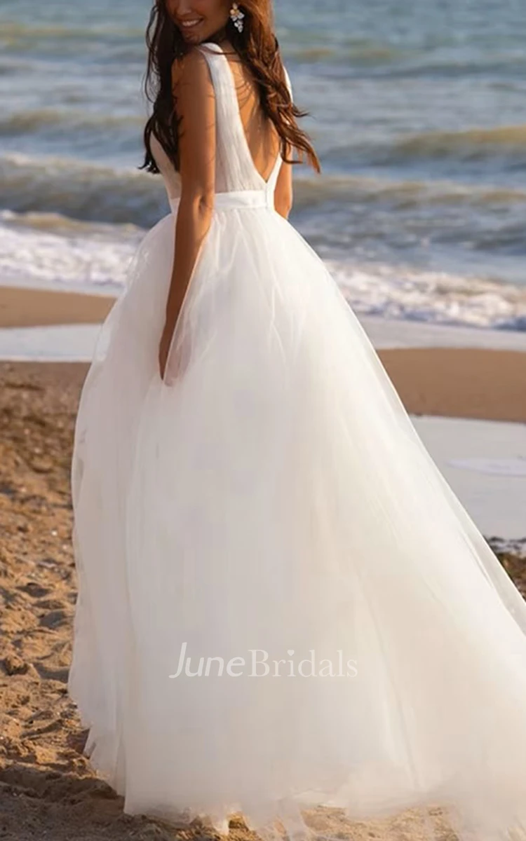Summer Beach Simple A-Line Tulle Wedding Dress Flowy Ethreal Plunging Neckline Baackless Bridal Gown with Sweep Train