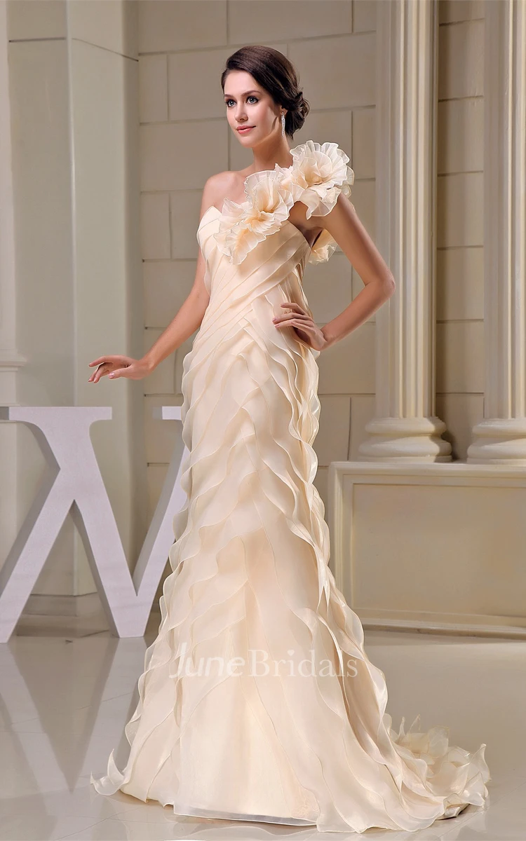 Flowered One-Shoulder A-Line Gown with Ruffles and Zipper Back