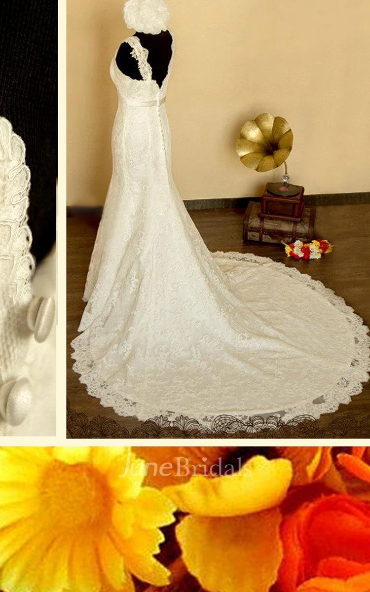 Scalloped Sleeveless Button Back Mermaid Lace Wedding Dress With Sash And Flower