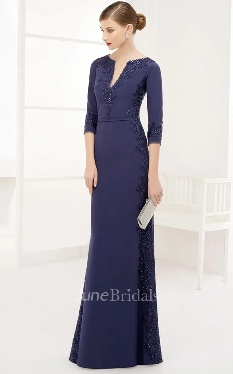 Plunged 3-4-sleeve Sheath Dress With Appliques And Zipper