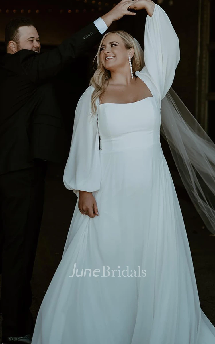 Modest Romantic A-Line Plus Size Bubble Long Sleeve Wedding Dress Simple Casual Charming Low Cut Square Neck Chiffon Train Bridal Gown