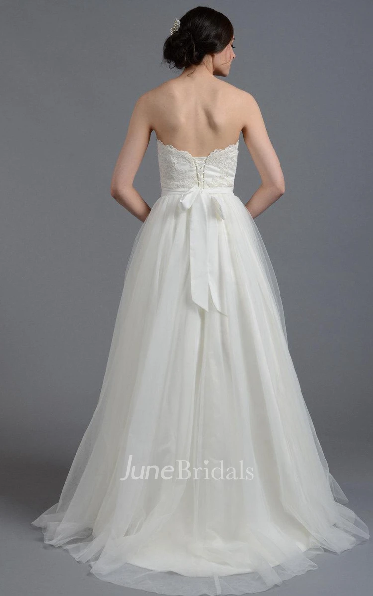 Alencon Lace Bodice Long Wedding Dress With Tulle Skirt.