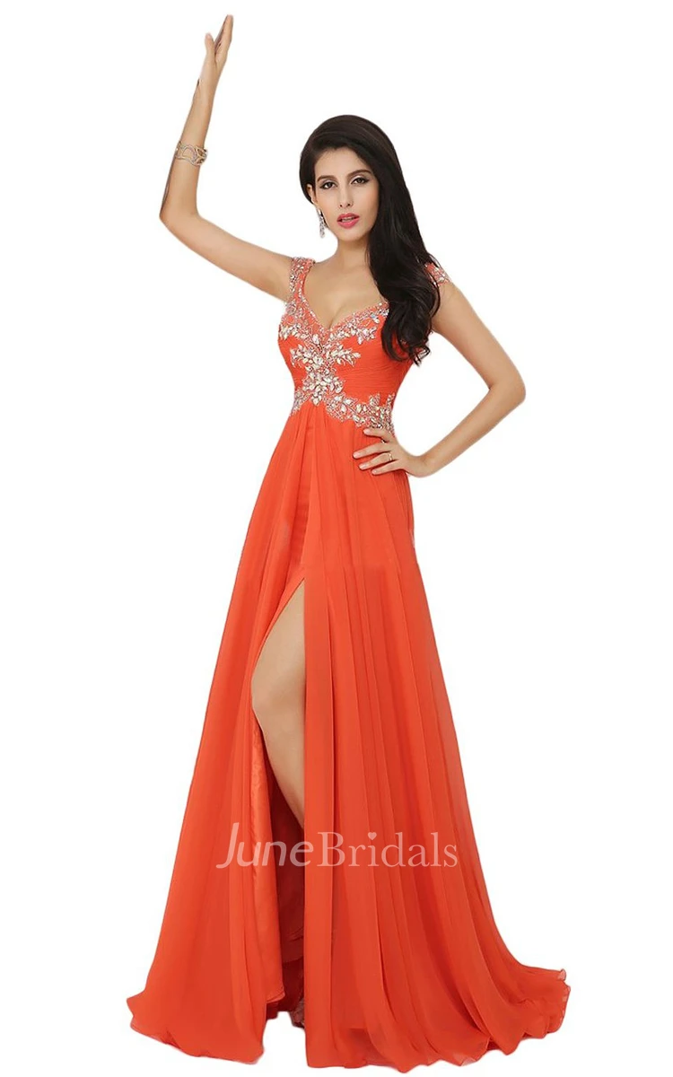 V-neck High-slit A-line Gown With Beaded Appliques