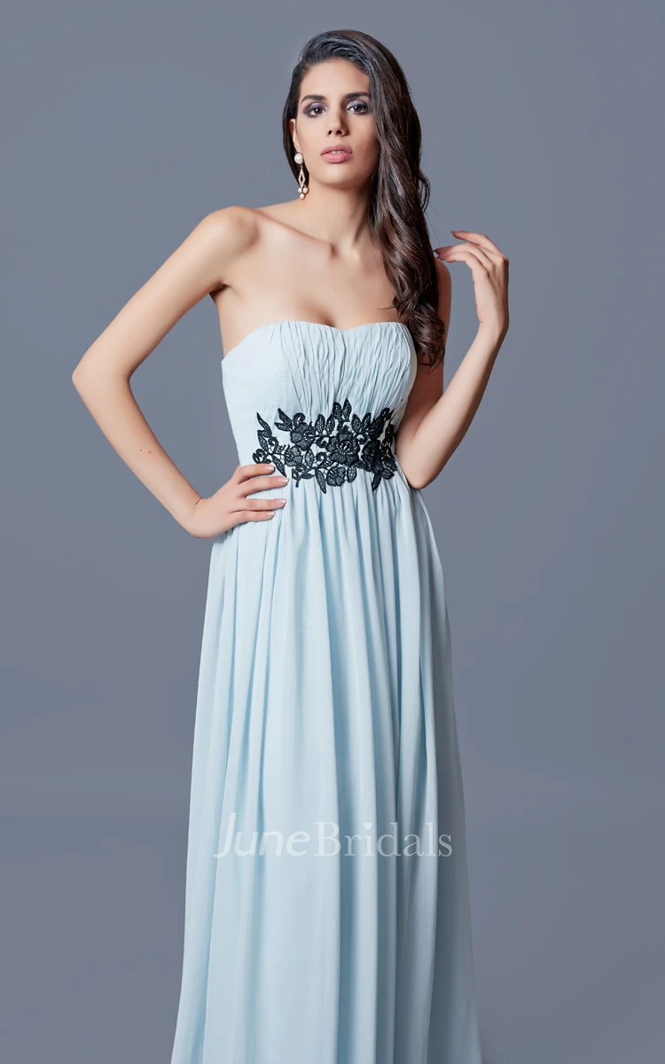 Strapless Appliqued and Ruched A-line Long Chiffon Dress