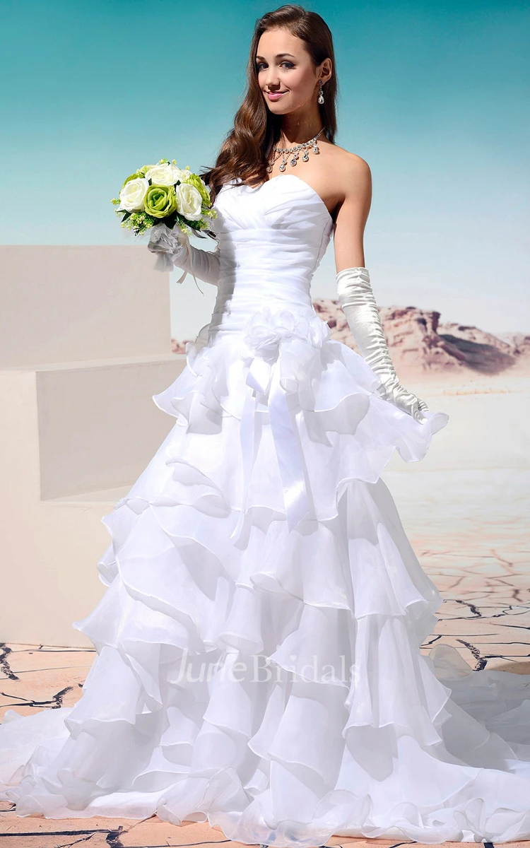 Sweetheart Criss-Cross Ruffled Gown With Tiers and Flower