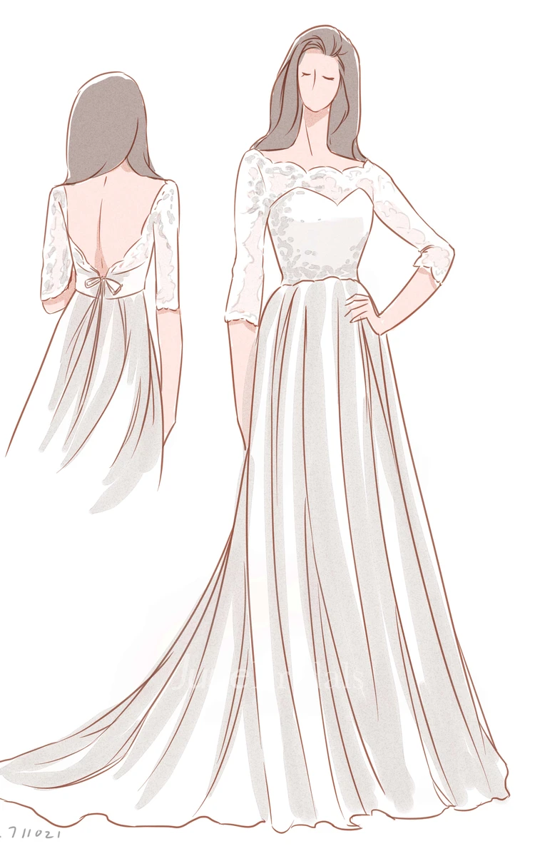 Romantic Style 3 4 Sleeve Long Chiffon Dress With Lace Bodice