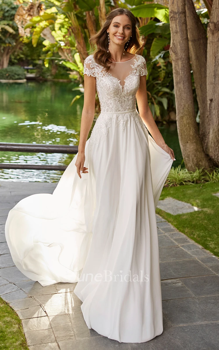 Bohemian Bateau Neckline Neckline A-Line Chiffon Wedding Dress Casual Sexy Western Romantic Adorable With Open Back And Appliques