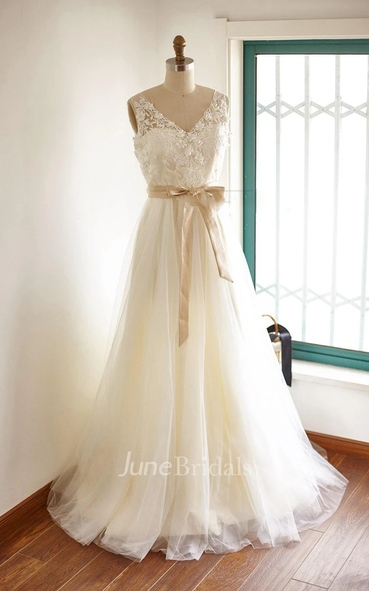 Lace Tulle Wedding Bridal Gown With Champagne Lining Dress