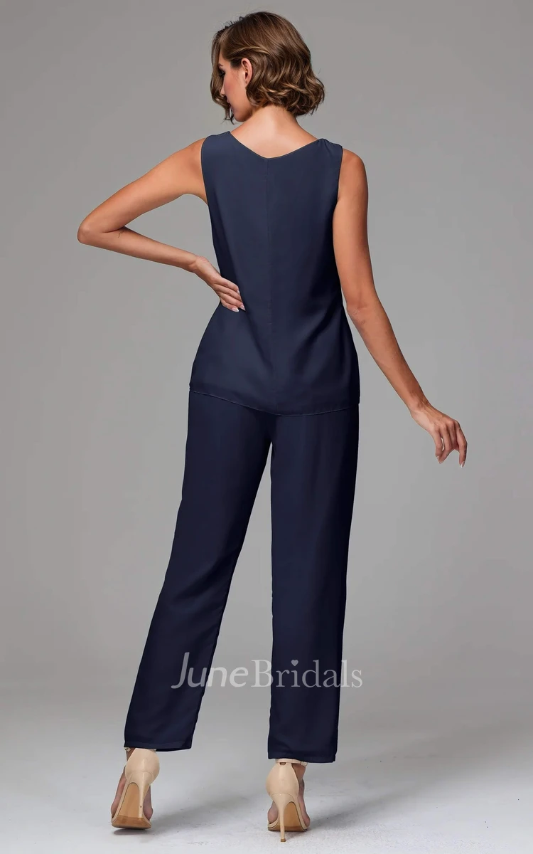 Modest Casual 3 Pieces Dark Navy Blue Bateau Neck Chiffon Mother of the Bride  Pant Suit - June Bridals