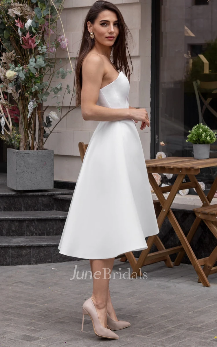 Sexy Sleeveless Tea-length Satin A Line Wedding Dress with Ribbon