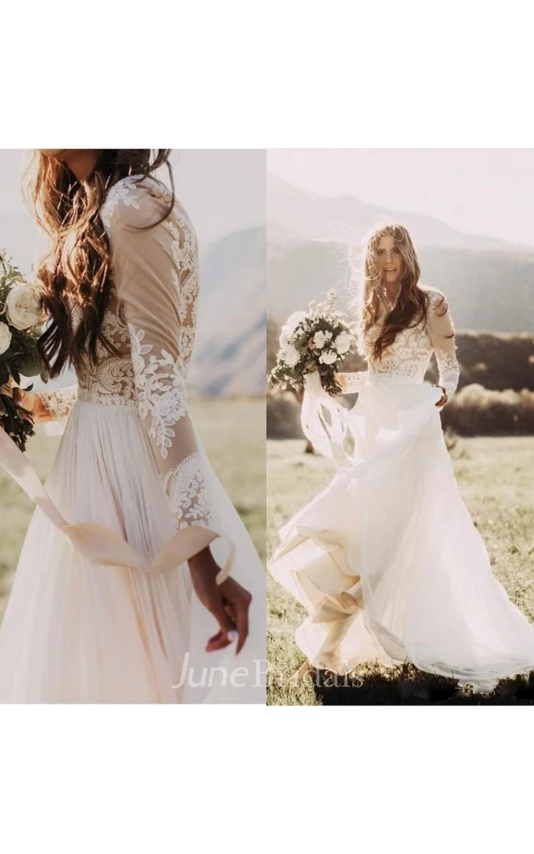 Elegant Floral Long Sleeve Boho Rustic Western Wedding Dress Casual A-Line Lace Gown with Floor Length