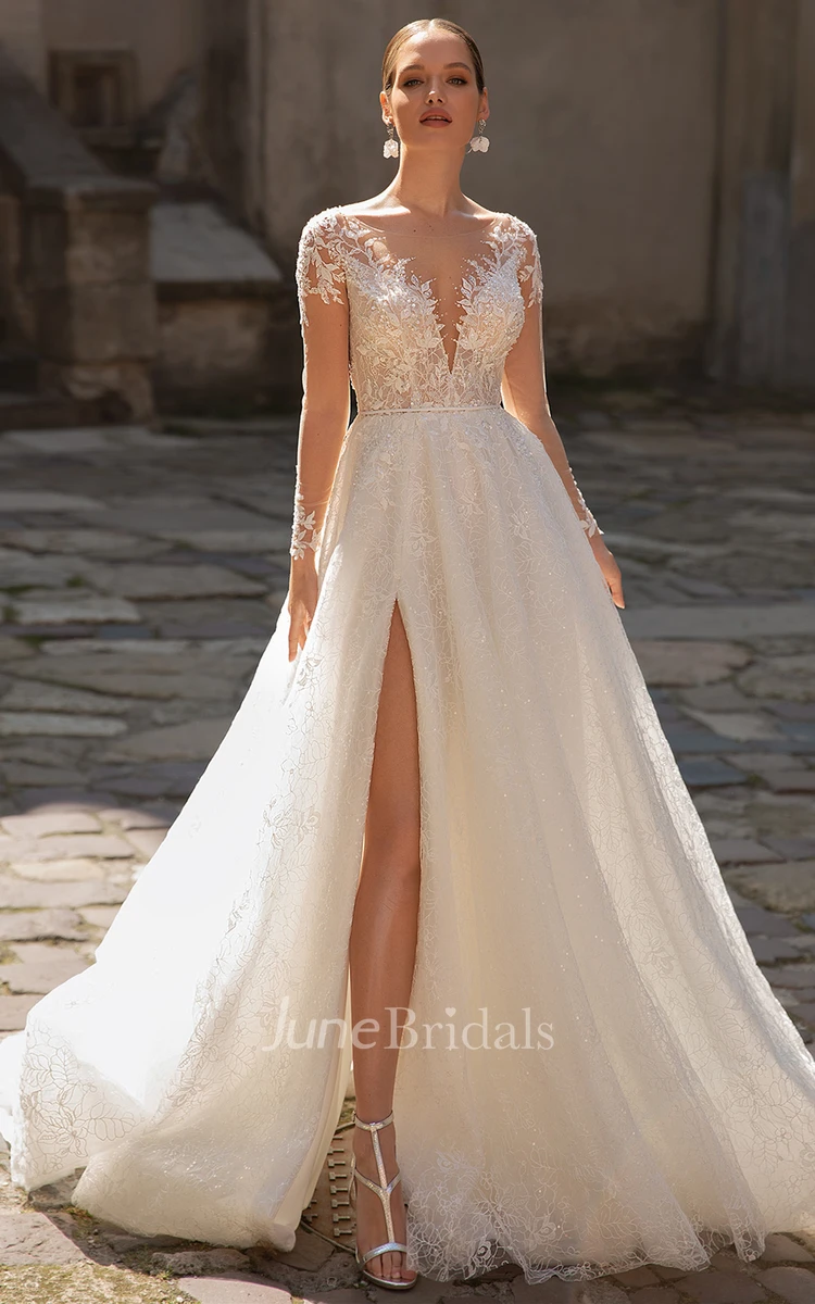 Sexy A Line Sweep Train Tulle Wedding Dress with Split Front and Beading