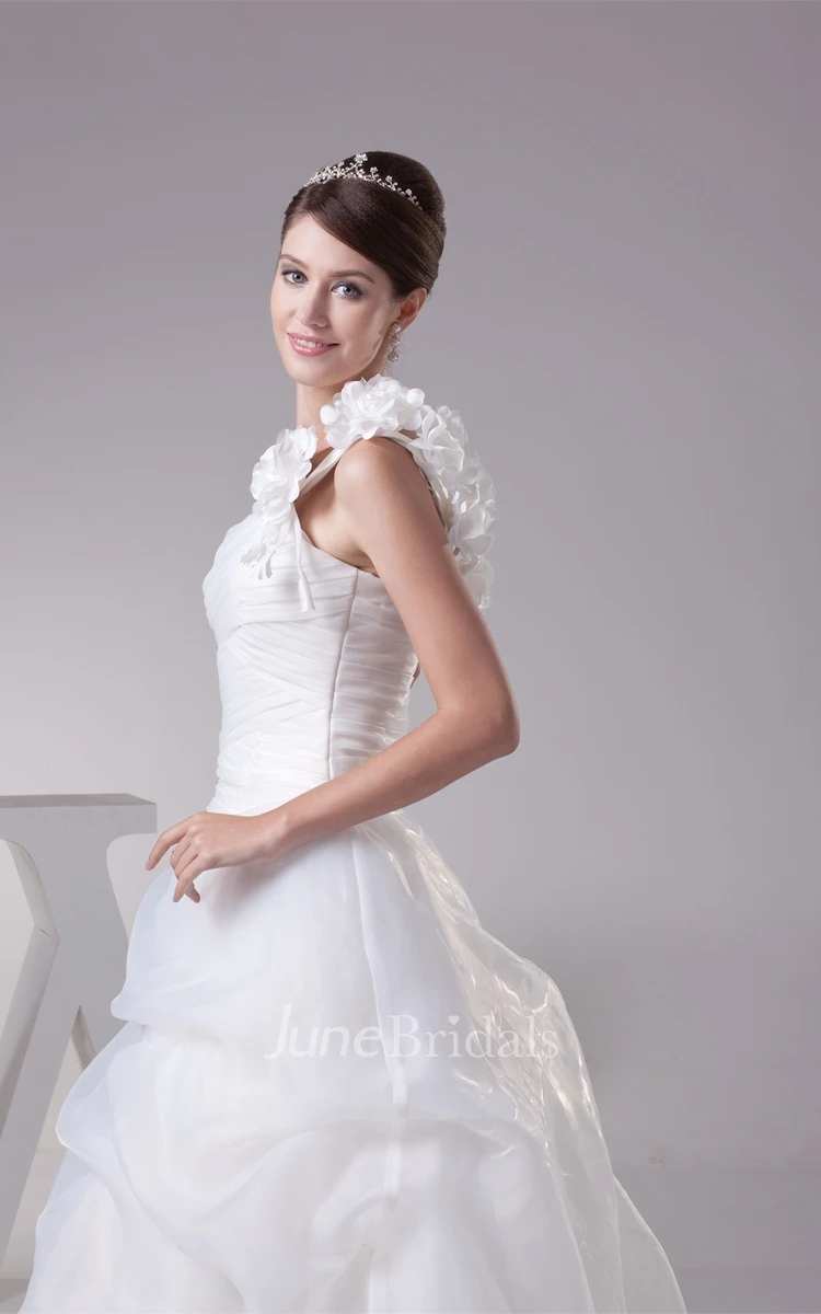 One-Shoulder Pick-Up A-Line Gown with Flower and Ruching