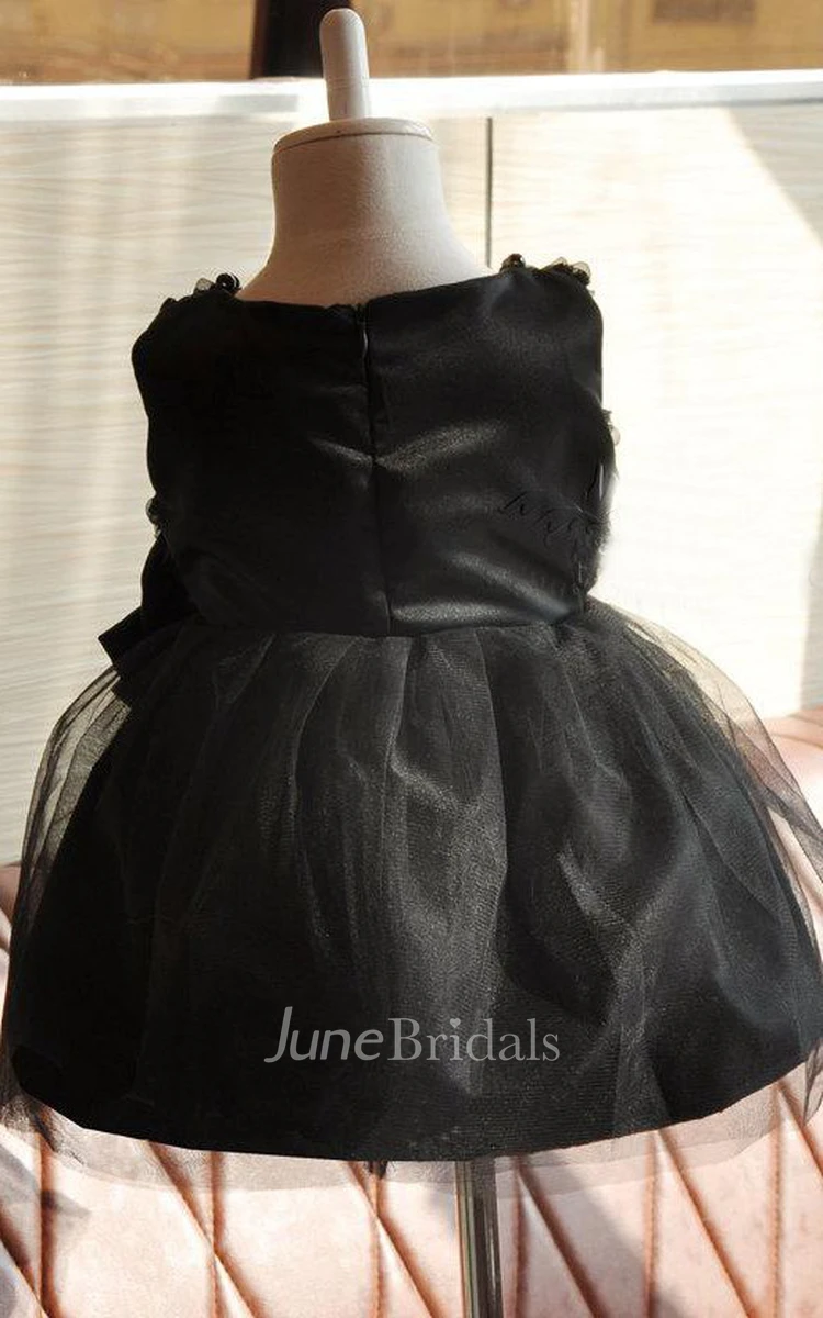 Sleeveless Jewel Neckline Tulle&Satin Dress With Flowers