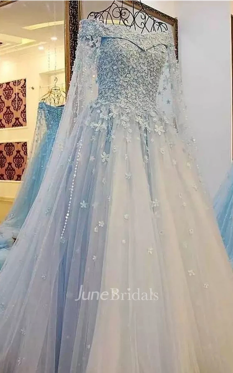 Pale blue lace wedding dress best sale