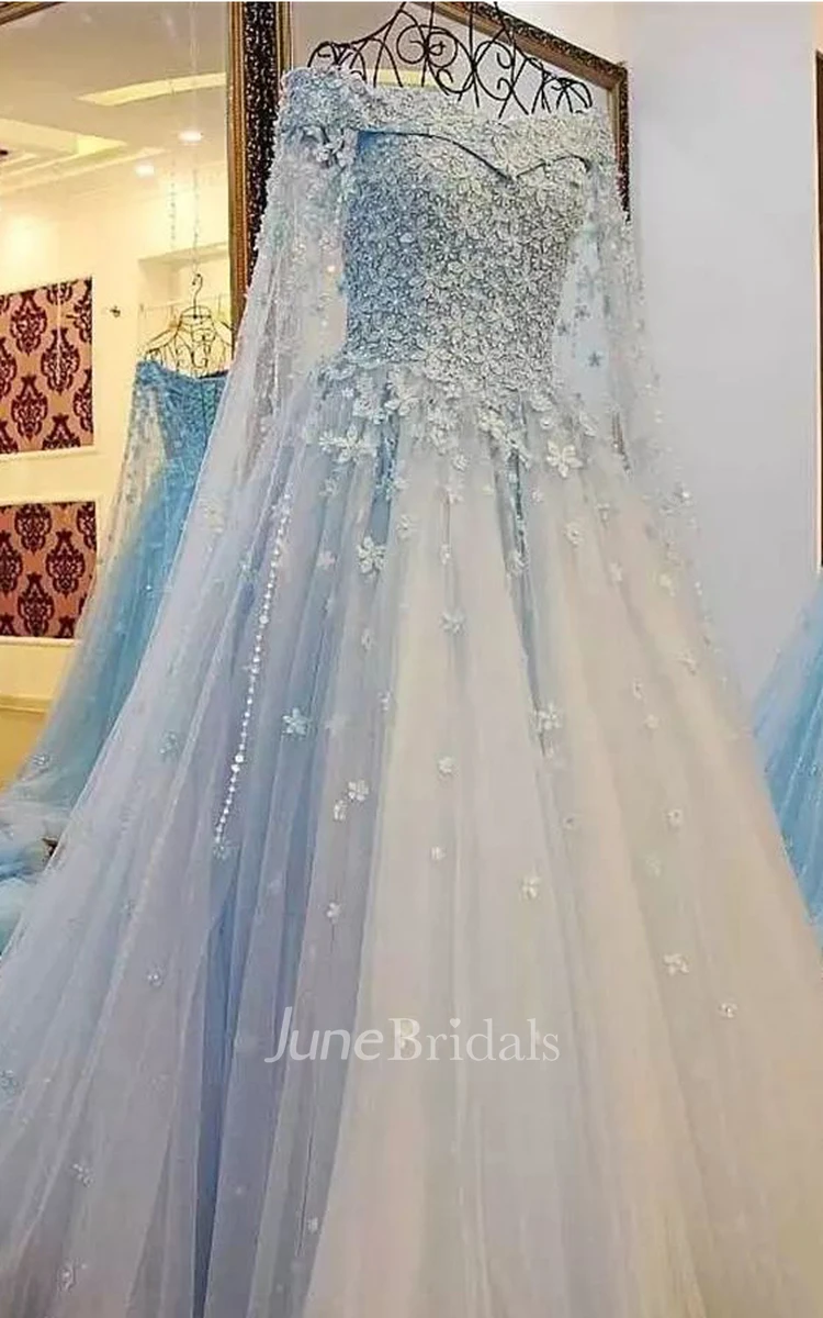 Princess Sparkly Blue A-Line Off-the-Shoulder Lace Wedding Dress Modest Unique Fairy Tied Back Bridal Gown with 3D Floral Appliques