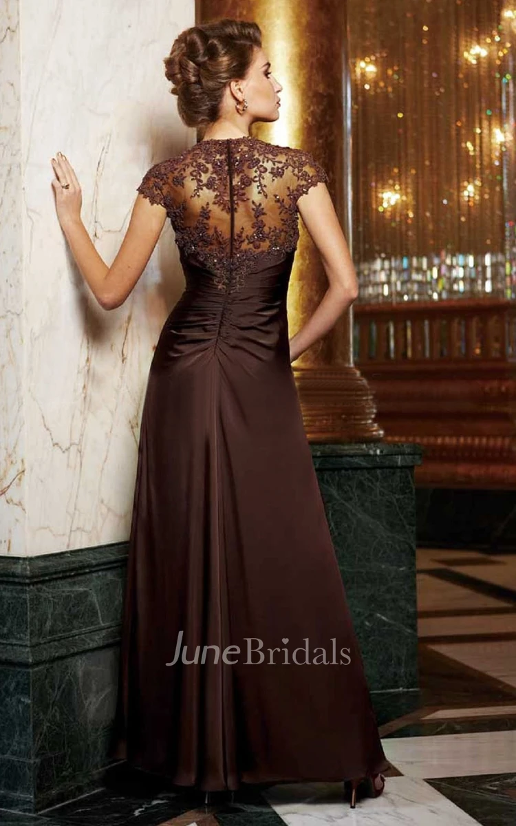 Queen Anne side-ruched Lace Mother of the Bride Dress With Illusion back