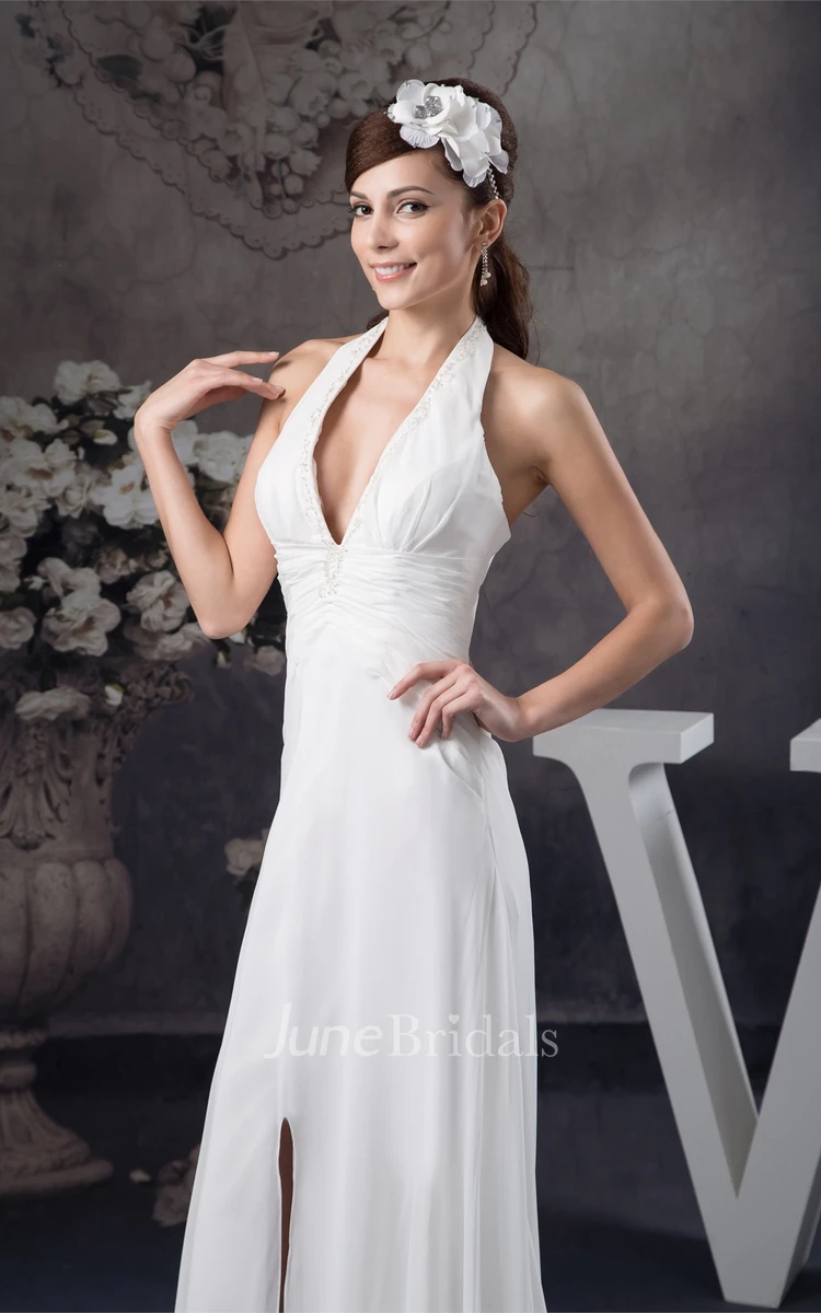 Plunged Chiffon Front-Split Dress with Ruching and Halter