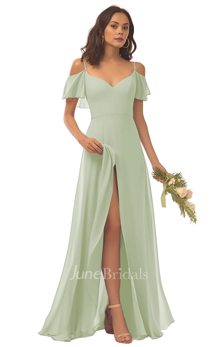 Beautiful A-Line Spaghetti Chiffon Bridesmaid Dress with Split Front