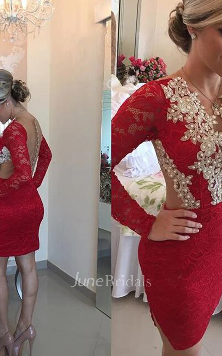 Sexy Long Sleeve Red Cocktail Dress Lace Beadings Short Prom Gowns