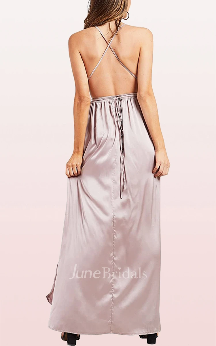 A Line V-neck Cowel Satin Evening Dress With Ruffles and Split Front