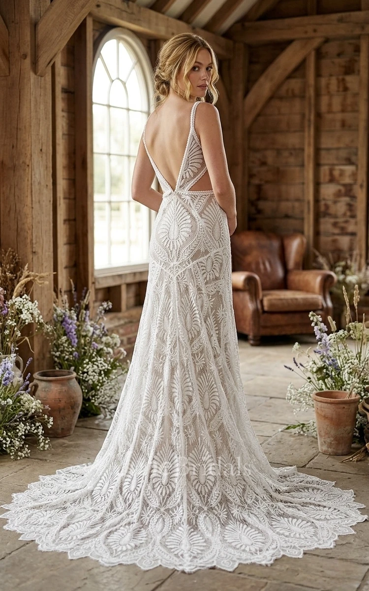 Country Sleeveless Lace Wedding Dress Bohemian Backless Sheath Gown for Destination Weddings