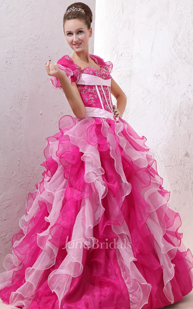 Muti-Color Sweetheart Organza Dress With Cape And Ruffle
