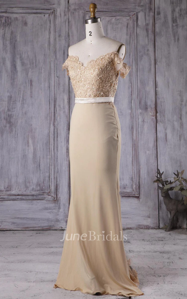 Floor-length Off-the-shoulder V-neck Chiffon&Lace Dress With Beading