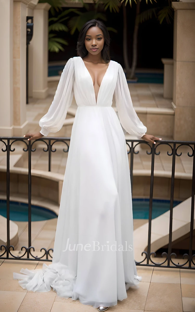 Solid Vintage A-Line Floor-length Pleats Chiffon Wedding Dress Elegant Sexy Balloon Long Sleeve Plunging V-Neck Bridal Gown with V Back Train Sash