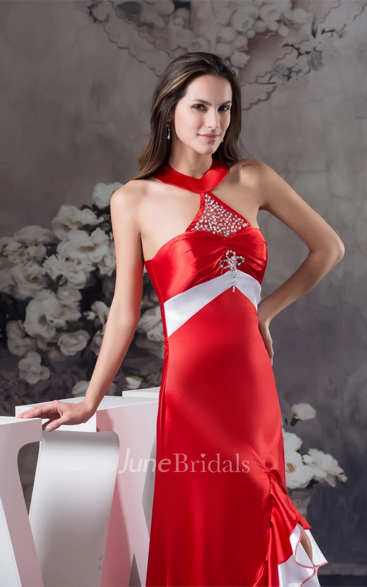Sleeveless High-Neck Strapless Front-Split Dress with Beadings and Ruffles