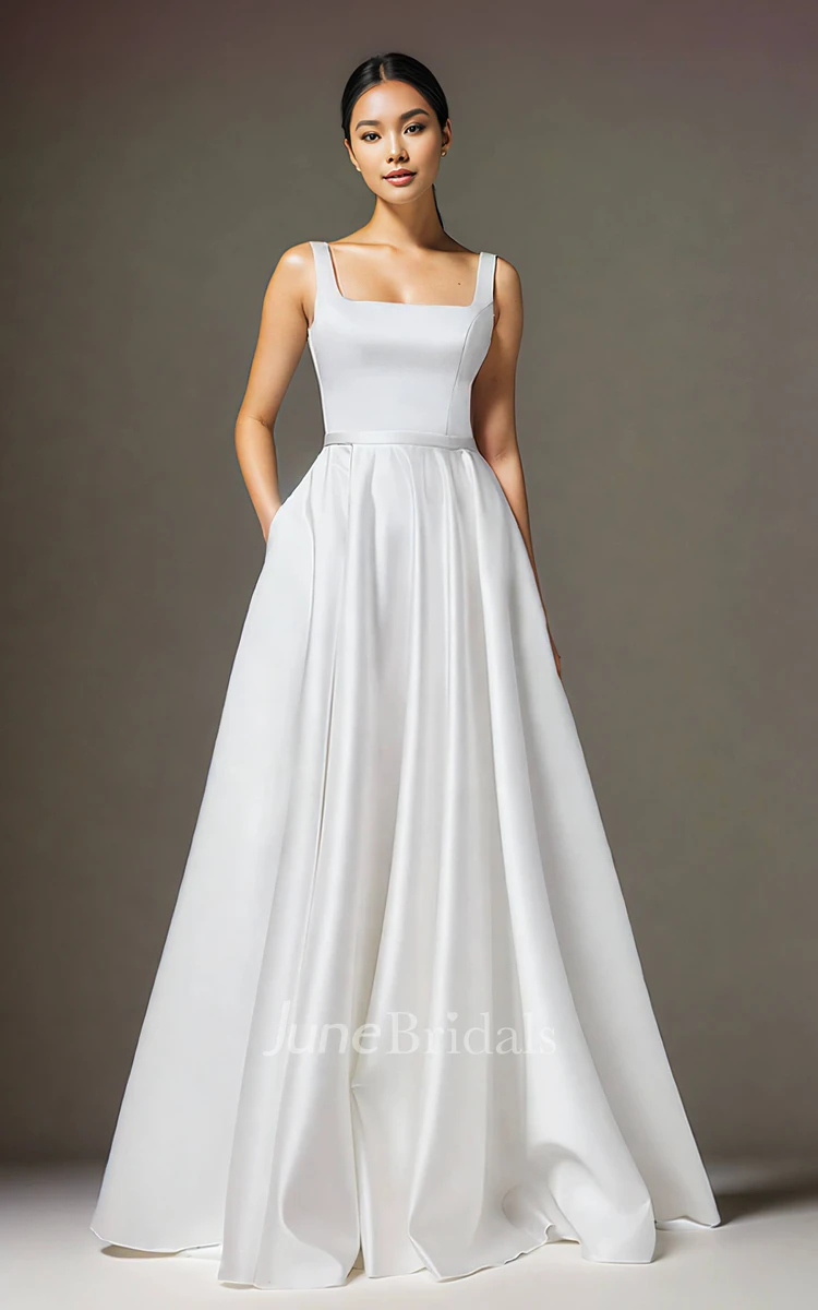 Simple Solid Square Neck Straps A-Line Satin Wedding Dress Elegant Reception Sleeveless Floor-length V Back Straps Bridal Gown with Sash