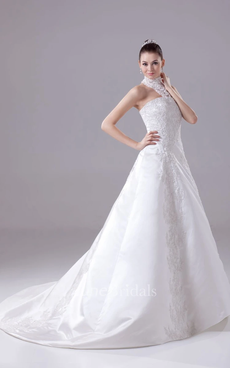 Sleeveless High-Neck Satin A-Line Gown With Beading and Appliques